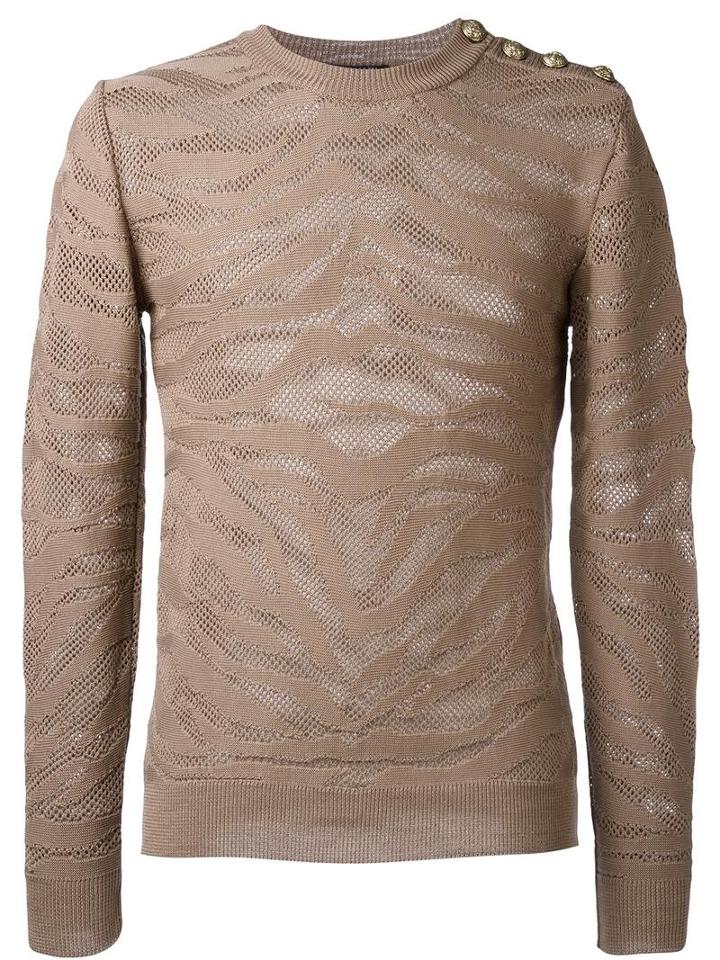 Balmain Zebra Jacquard Jumper, Men's, Size: Medium, Brown, Cotton