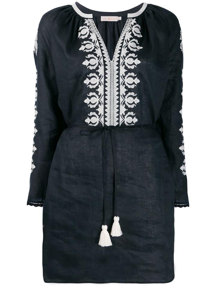 Tory Burch Embroidered Flared Sleeve Dress - Black