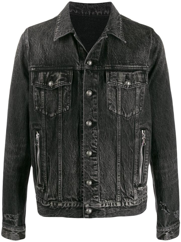 Balmain Logo Print Faded Denim Jacket - Black