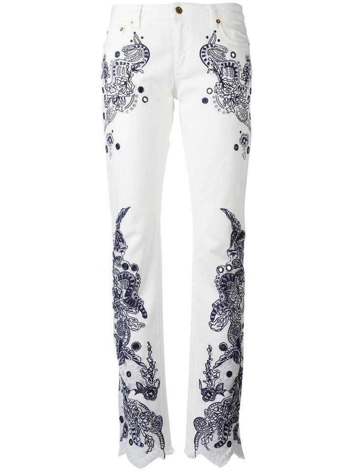 Roberto Cavalli Embroidered Trousers, Women's, Size: 42, White, Cotton/spandex/elastane
