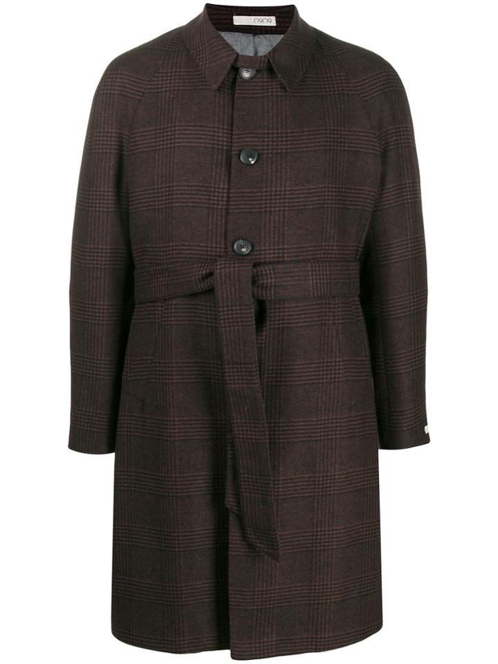 0909 Belted Check Single-breasted Coat - Brown