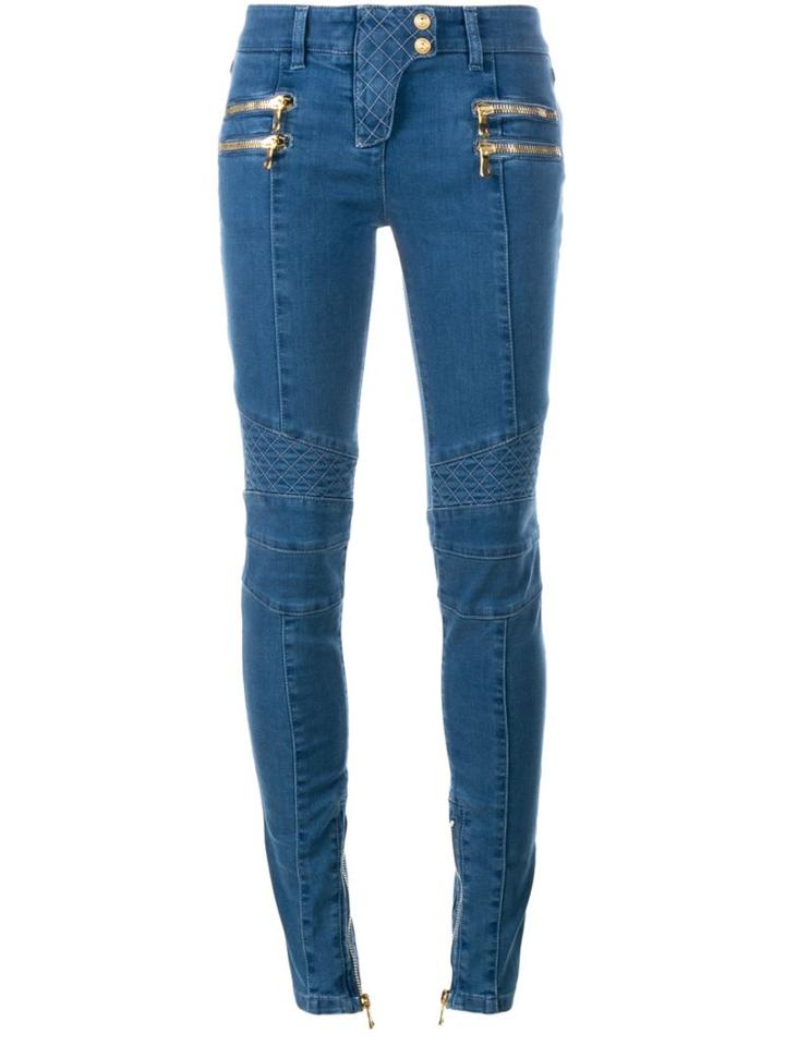 Balmain Skinny Biker Jeans, Women's, Size: 40, Blue, Cotton/polyester/spandex/elastane