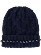0711 Bead-detail Knit Beanie - Blue