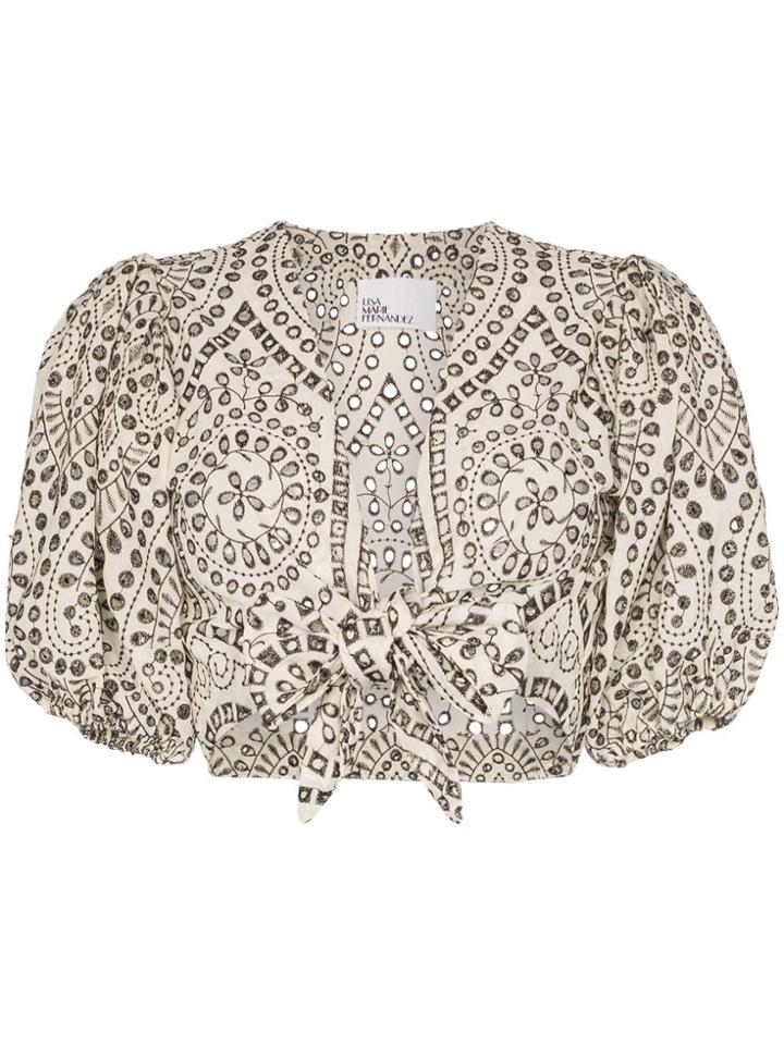 Lisa Marie Fernandez Poof Sleeve Tie Front Cropped Blouse - White