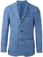 Lardini Notched Lapel Blazer, Men's, Size: 50, Blue, Cotton/linen/flax/polyester