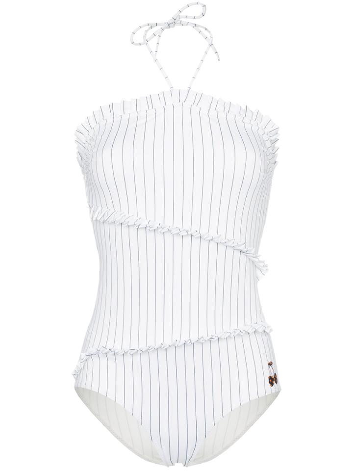 Ganni White Stripe Ruffle Swimsuit