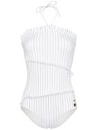 Ganni White Stripe Ruffle Swimsuit