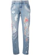 Amen Distressed Floral Jeans, Women's, Size: 40, Blue, Cotton/viscose