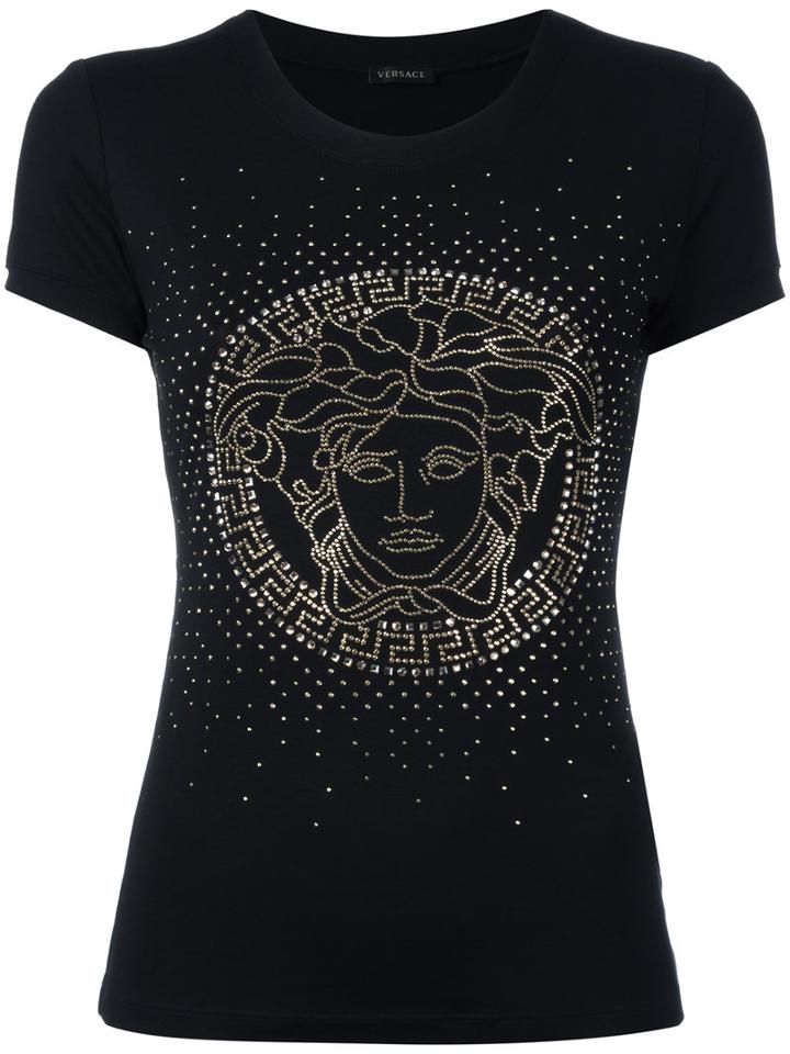 Versace Crystal-embellished Medusa T-shirt, Women's, Size: 42, Black, Spandex/elastane/viscose