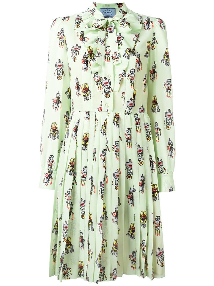 Prada Robot Print Shirt Dress, Women's, Size: 40, Green, Silk