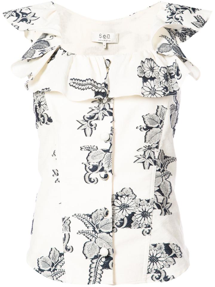 Sea Embroidered Ruffle Top - Nude & Neutrals