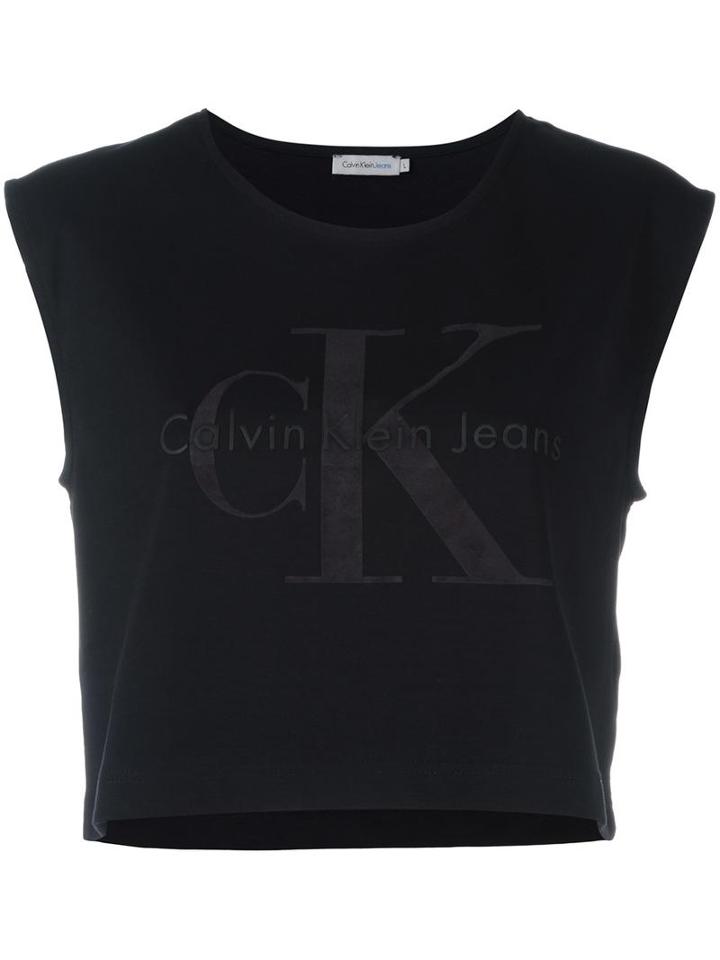Calvin Klein Jeans Logo Cropped Tank Top, Women's, Size: Large, Black, Cotton/spandex/elastane