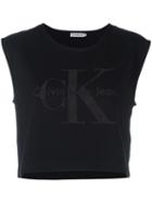 Calvin Klein Jeans Logo Cropped Tank Top, Women's, Size: Large, Black, Cotton/spandex/elastane