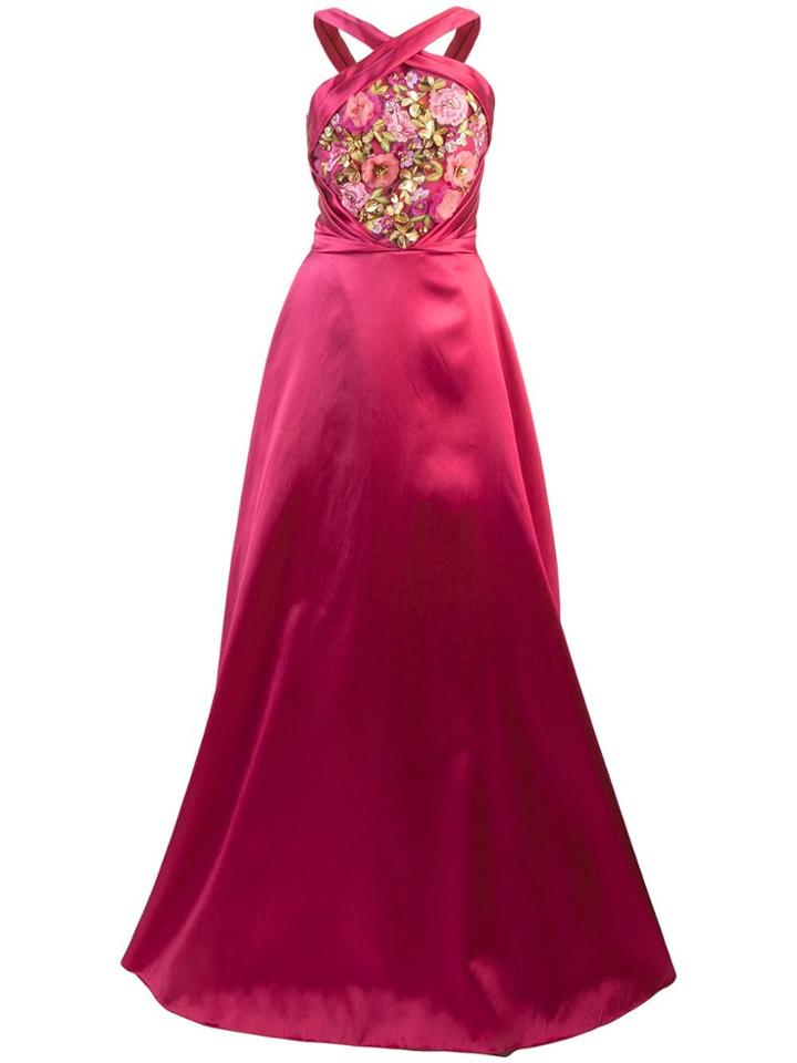 Marchesa Notte Embroidered Halterneck Ball Gown - Pink & Purple