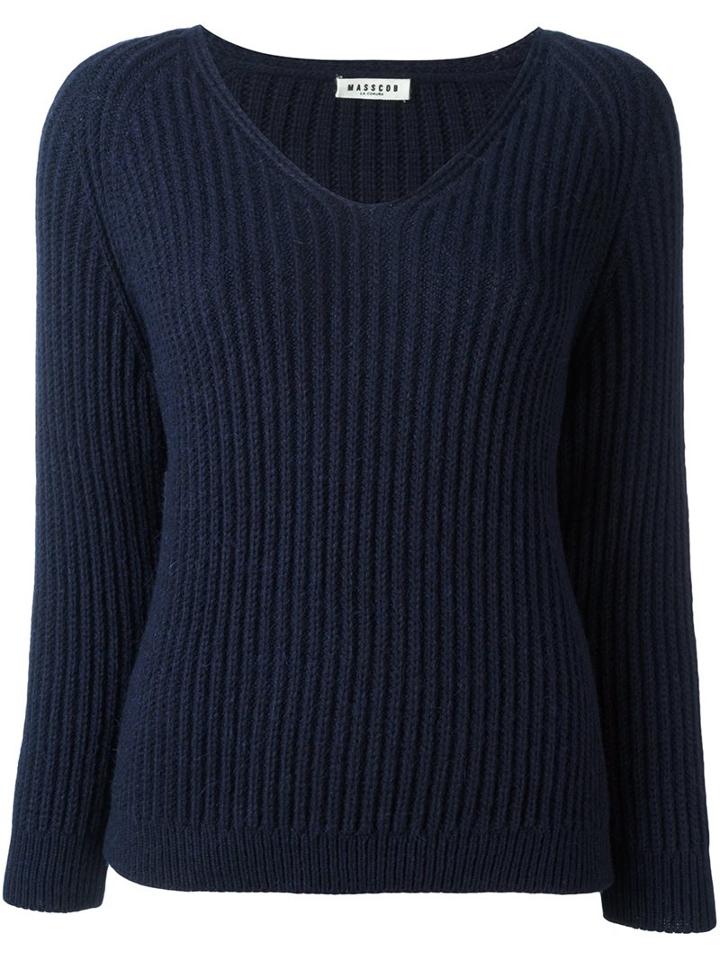 Masscob V-neck Ribbed Pullover, Women's, Size: Large, Blue, Polyamide/wool/alpaca