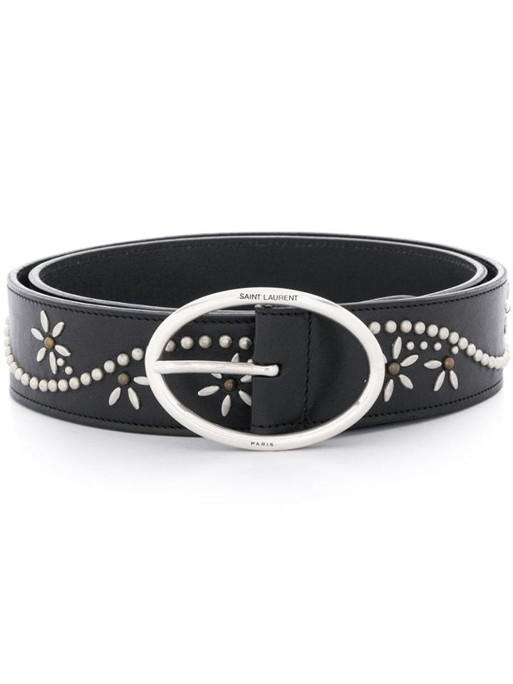 Saint Laurent Oval Buckle Floral Motif Belt - Black