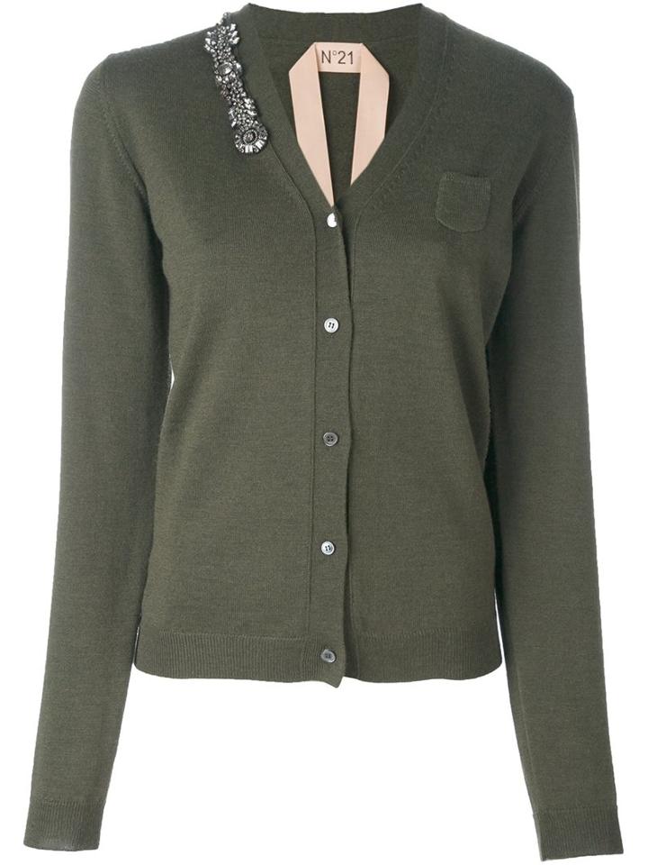 No21 Embellished Cardigan, Women's, Size: 42, Green, Pvc/virgin Wool/metal/glass