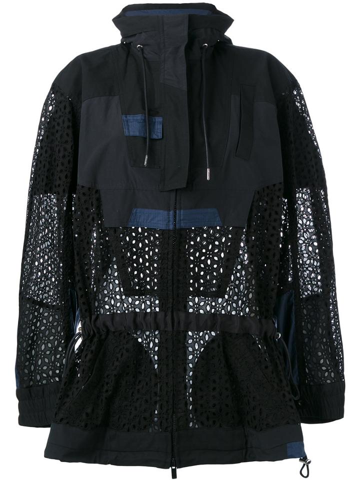 Sacai Eyelet Lace Drawstring Parka, Women's, Size: 2, Black, Cotton/nylon