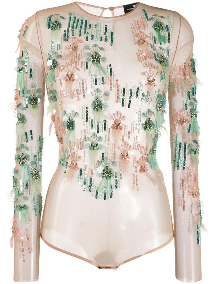 Elisabetta Franchi Embroidered Sheer Body - Neutrals
