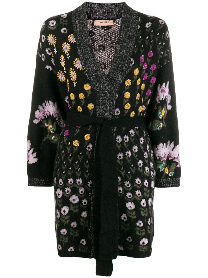 Twin-set Intarsia Open Front Cardigan - Black