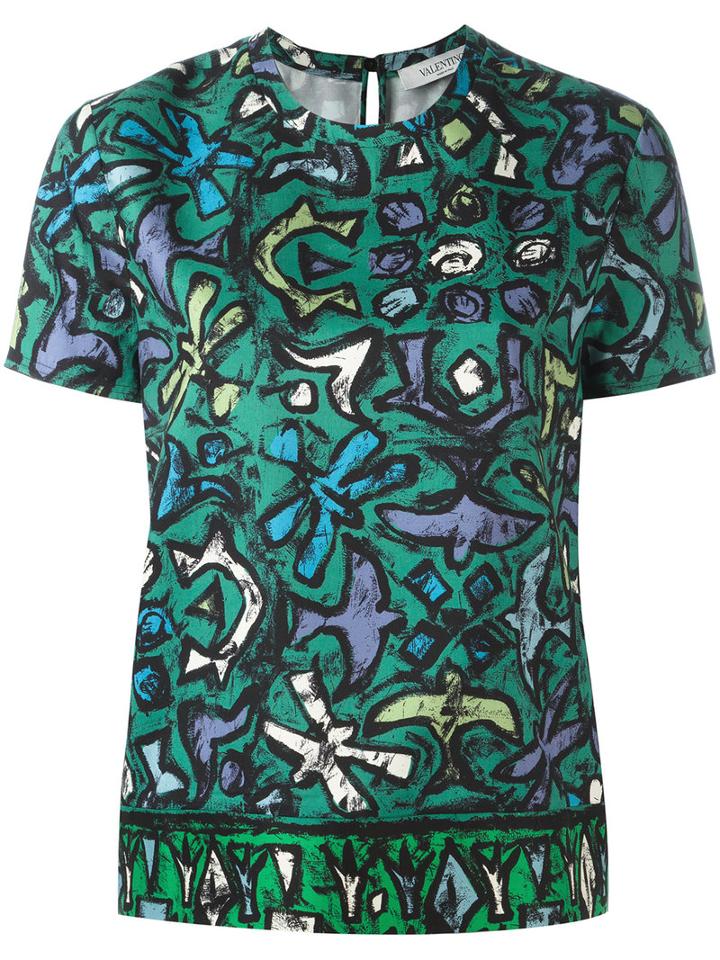 Valentino - Floral Short Sleeve Top - Women - Silk - L, Green, Silk