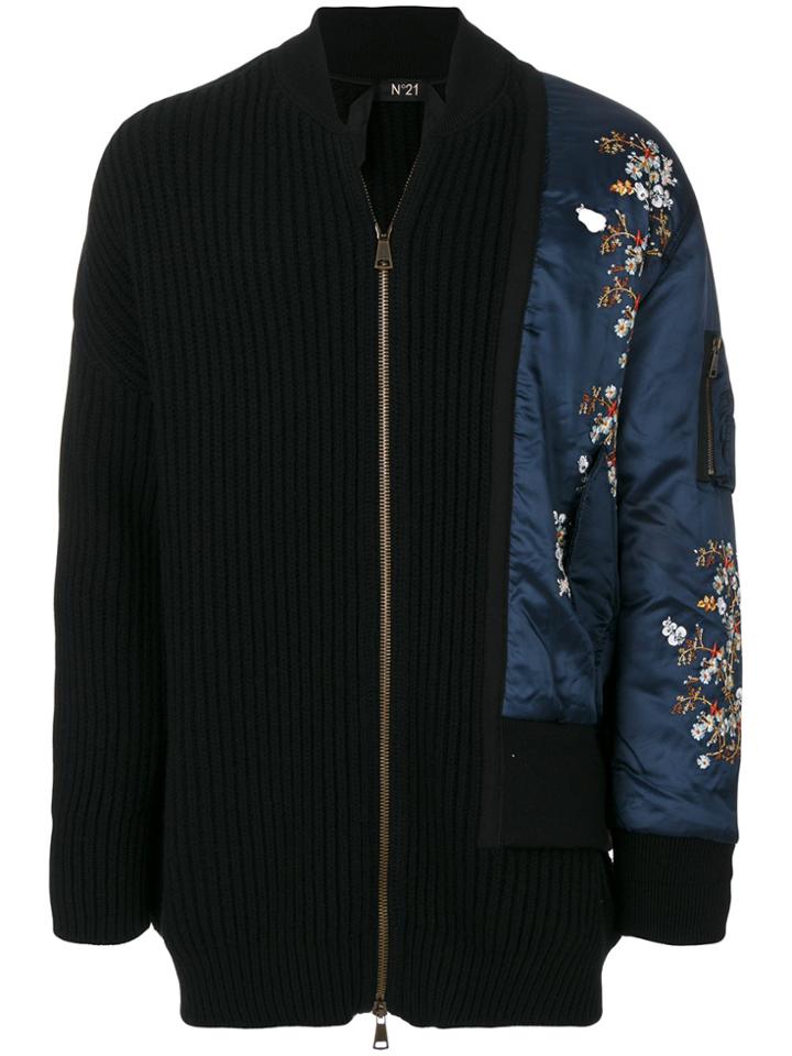 No21 Floral Embroidery Long Bomber Jacket - Black