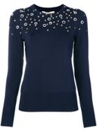 Michael Michael Kors Eyelet Embelleshed Longsleeve Sweater - Blue