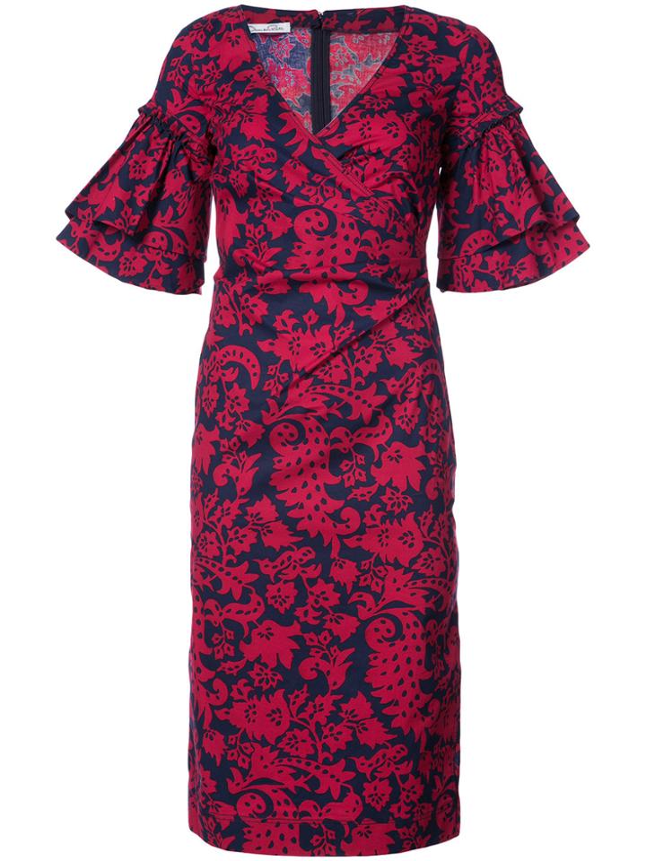 Oscar De La Renta Ruffle Sleeve Brocade Print Dress - Red