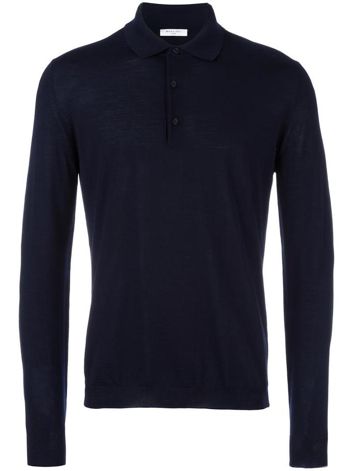 Boglioli Long Sleeve Polo Shirt, Men's, Size: Large, Blue, Virgin Wool