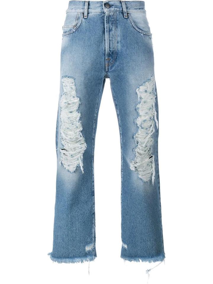 Palm Angels Distressed Cropped Jeans, Men's, Size: 31, Blue, Cotton/polyester