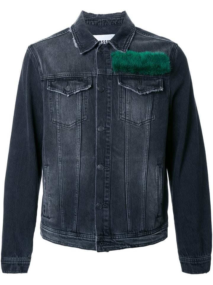 Msgm Fur Panel Denim Jacket, Men's, Size: 48, Grey, Cotton