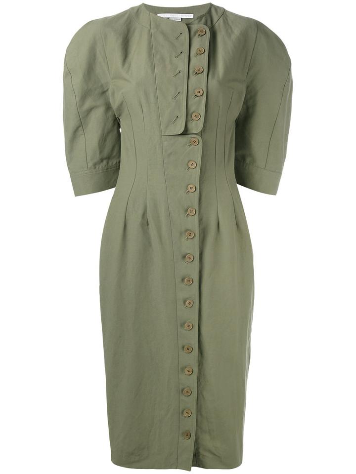 Stella Mccartney - Oversized Sleeve Fitted Dress - Women - Cotton/linen/flax/polyamide - 44, Women's, Green, Cotton/linen/flax/polyamide