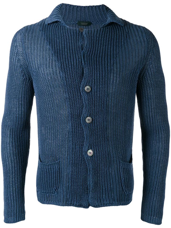 Zanone - Ribbed Detail Cardigan - Men - Linen/flax - 50, Blue, Linen/flax