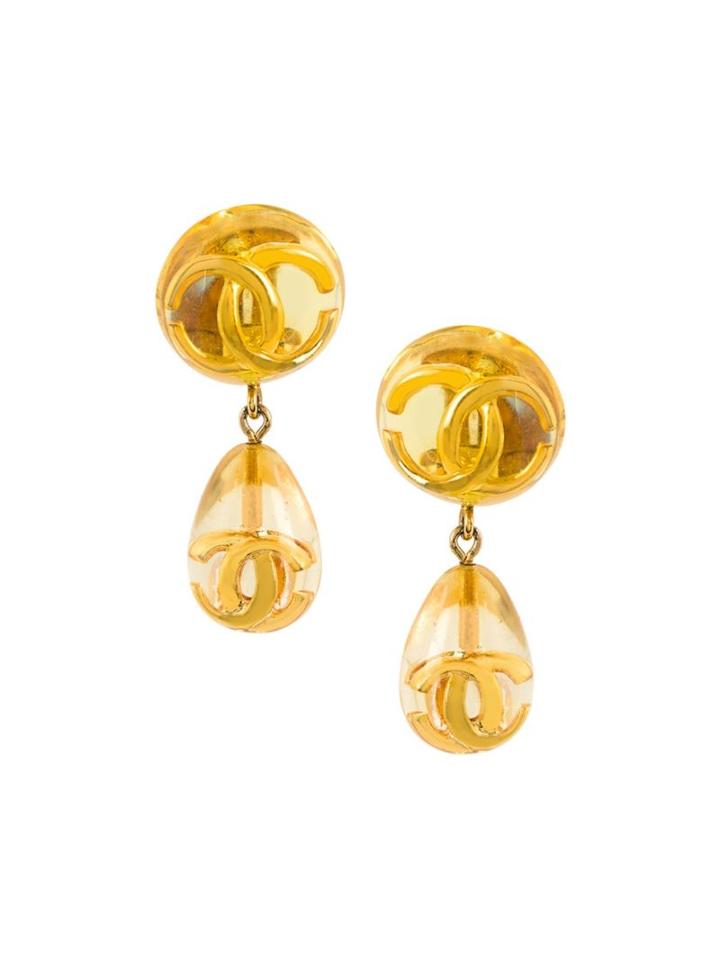 Chanel Vintage Logo Drop Clip-on Earrings, Women's, Yellow/orange
