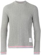 Thom Browne Oxford Stripe Chunky Waffle Knit Crewneck Pullover - Grey