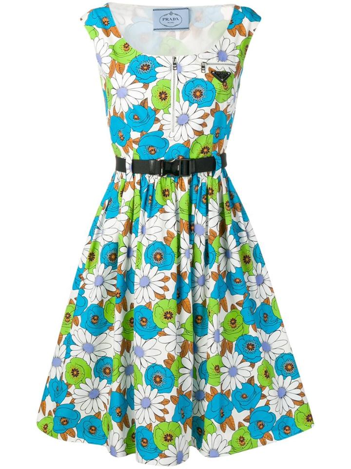 Prada Floral Print Flared Dress - Blue