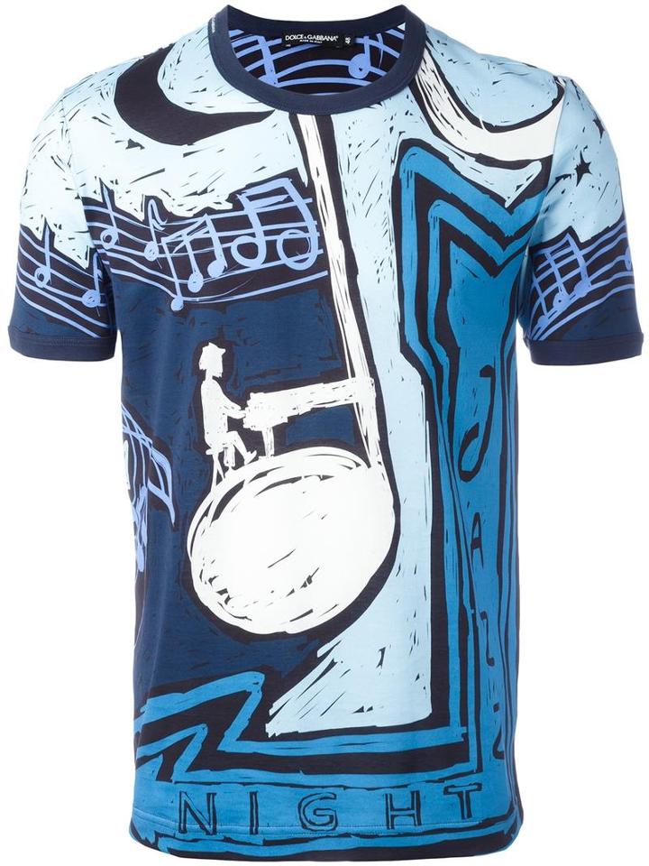 Dolce & Gabbana Musical Print T-shirt, Men's, Size: 44, Blue, Cotton