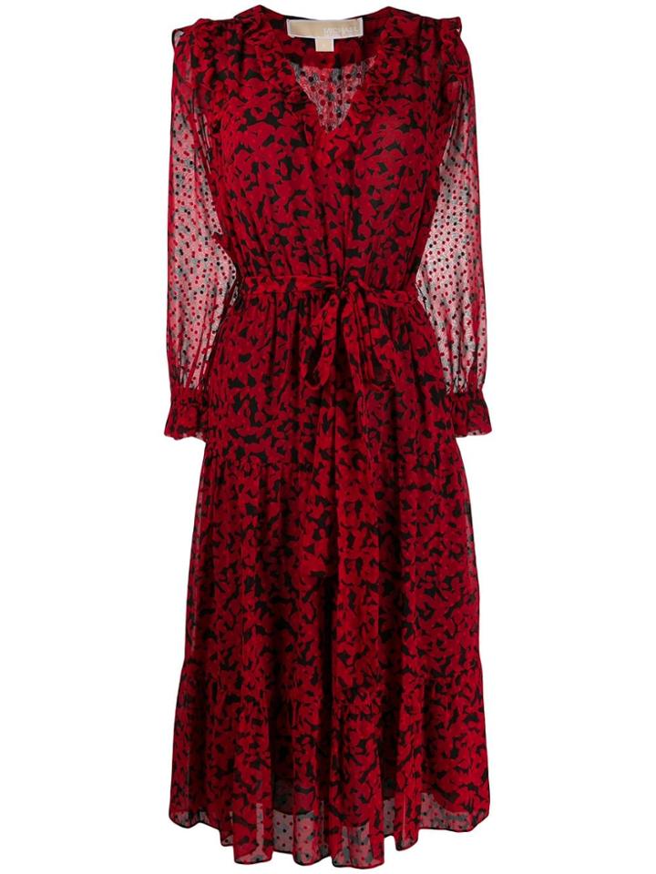 Michael Michael Kors Leaf Print Ruffled Dress - Red
