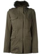Army Yves Salomon Detachable Fur-collar Field Jacket, Women's, Size: 40, Green, Cotton/rabbit Fur/polyester/racoon Fur