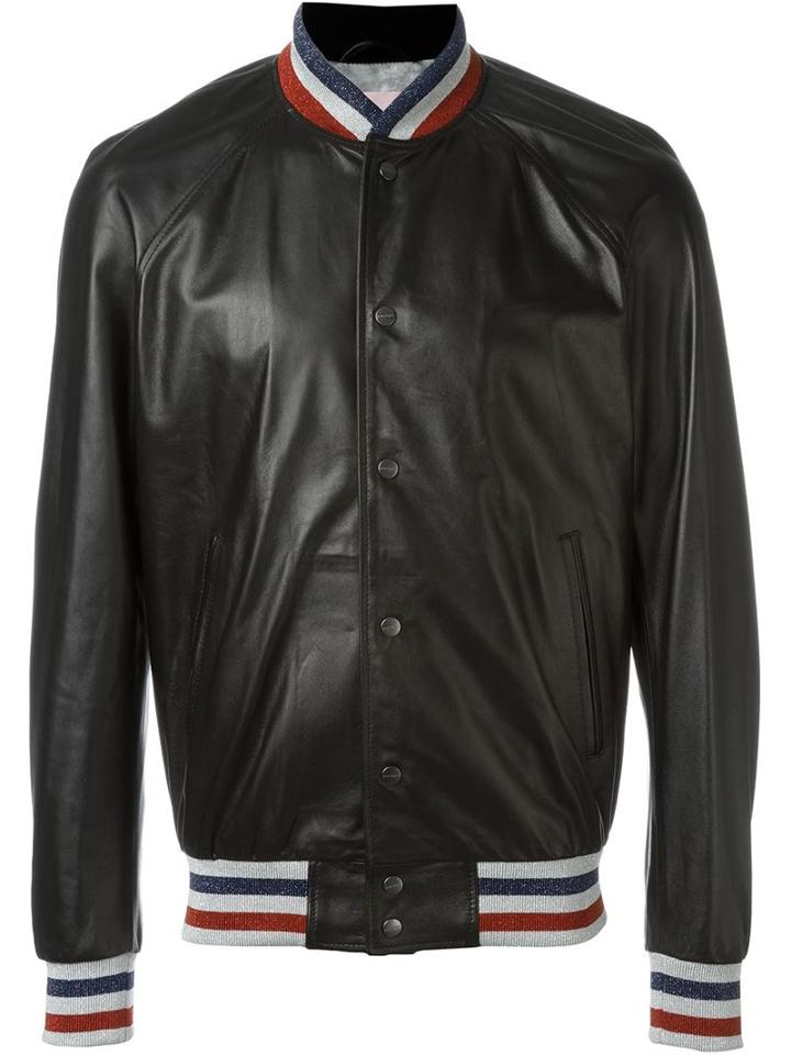 Palm Angels Tripple Striped Contrast Trim Bomber Jacket, Men's, Size: 50, Black, Lamb Skin/viscose/cotton