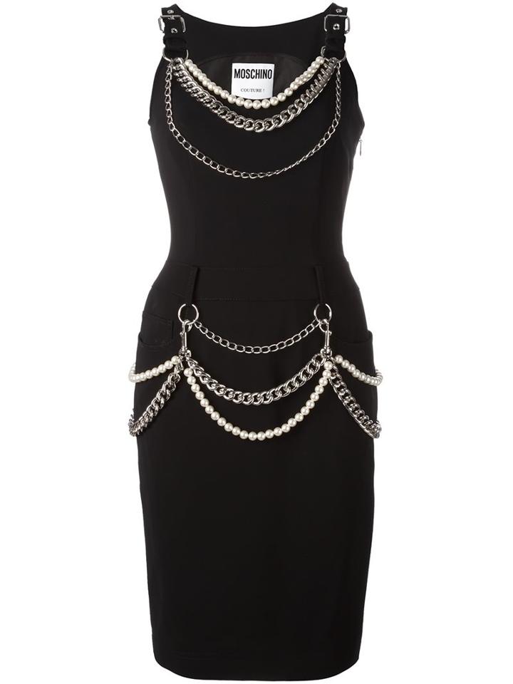 Moschino Chain Embellished Buckle Strap Dress, Women's, Size: 40, Black, Polyester/triacetate/glass