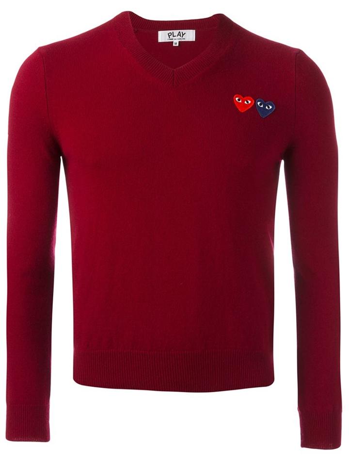 Comme Des Garçons Play V Neck Fine Knit Jumper, Men's, Size: Small, Pink/purple, Wool