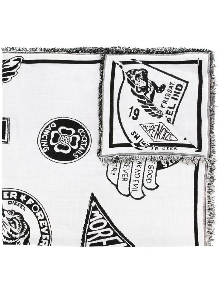 Diesel Patch Print Scarf, Adult Unisex, White, Viscose