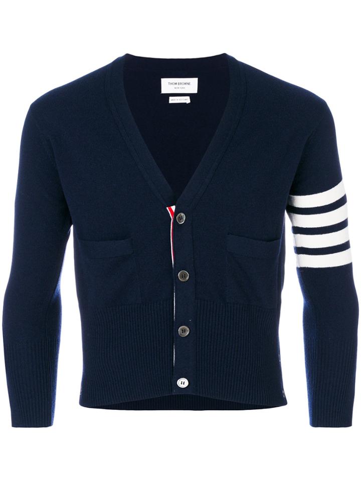 Thom Browne Short V-neck Cardigan With 4-bar Stripe In Navy Blue