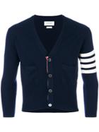 Thom Browne Short V-neck Cardigan With 4-bar Stripe In Navy Blue