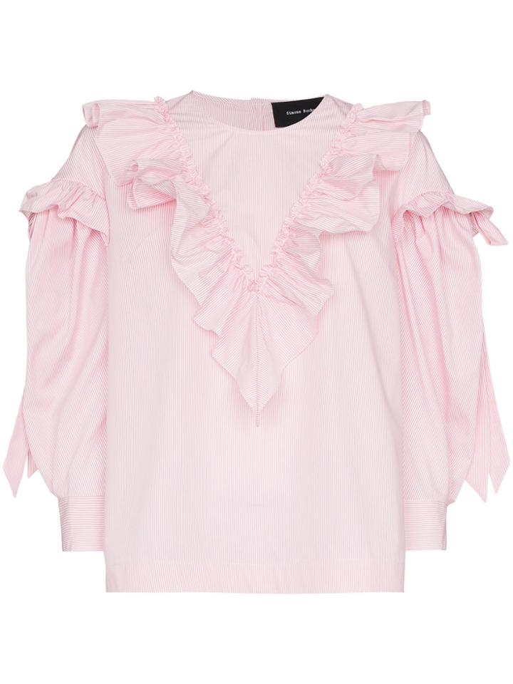 Simone Rocha Stripe Ruffle Cotton Long Sleeve Blouse - Pink & Purple