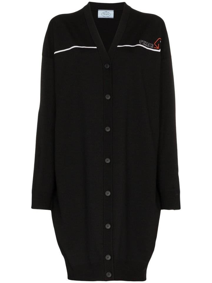 Prada Long Sleeve Logo Woven Cardigan - Black