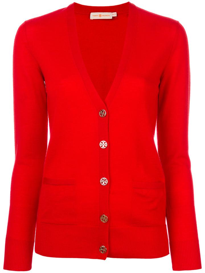 Tory Burch - V-neck Long-sleeved Cardigan - Women - Merino - M, Red, Merino