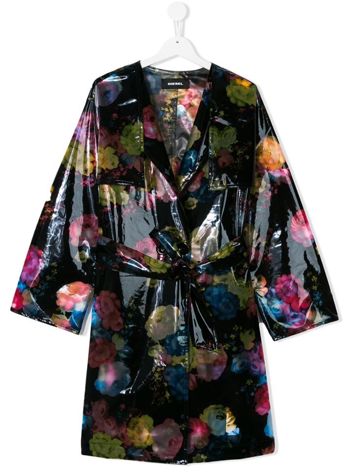 Diesel Kids Teen Floral-print Raincoat - Black