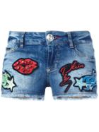 Philipp Plein Patch Detailed Denim Shorts, Women's, Size: 27, Blue, Cotton/spandex/elastane